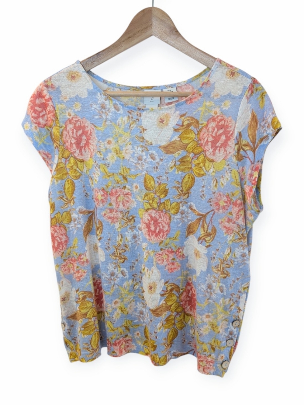 Joie Floral Short Sleeve Linen Tee in Sky Blue and Coral Medium